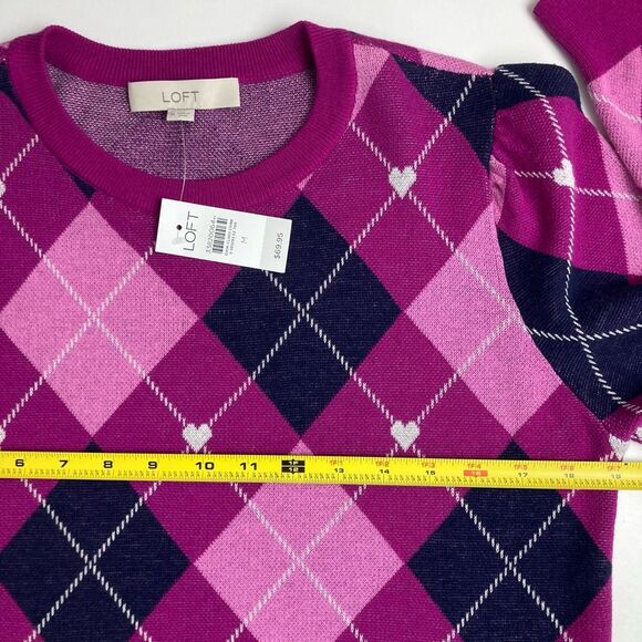 LOFT Argyle Sweater Puff Sleeve Heart Detail 100% Cotton Pullover Purple Pink M - Picture 5 of 9